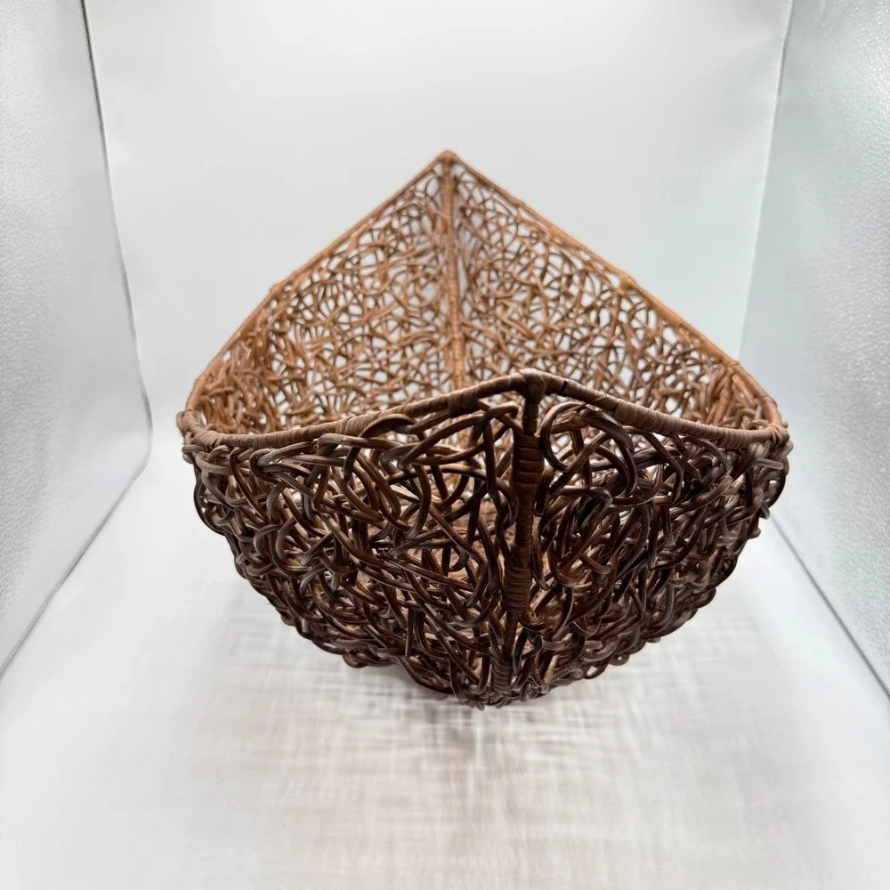 Vintage Sculptural Rattan Basket Bowl Wood Boho Organic Modern Centerpiece Decor